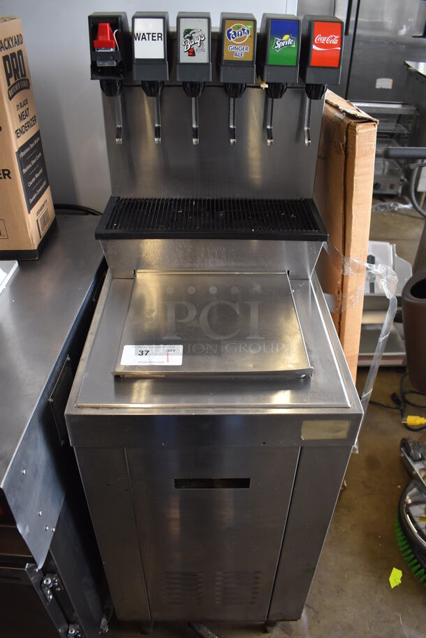 Cornelius CB1522A Stainless Steel Commercial 6 Flavor Carbonated Beverage Machine on Stainless Steel Ice Bin. 18x26.5x56