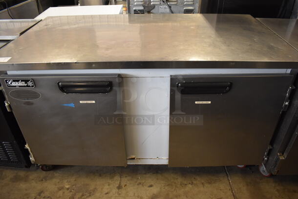 2017 Leader ESLB60 S/C Stainless Steel Commercial 2 Door Undercounter Cooler on Commercial Casters. 115 Volts, 1 Phase. 60x32x36. Tested and Powers On But Does Not Get Cold - Image 1 of 6