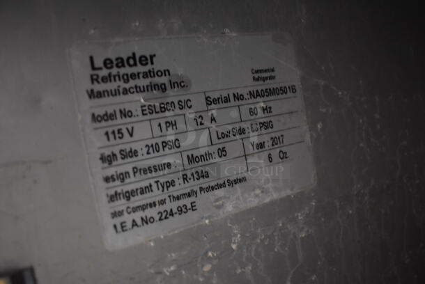2017 Leader ESLB60 S/C Stainless Steel Commercial 2 Door Undercounter Cooler on Commercial Casters. 115 Volts, 1 Phase. 60x32x36. Tested and Powers On But Does Not Get Cold - Image 6 of 6