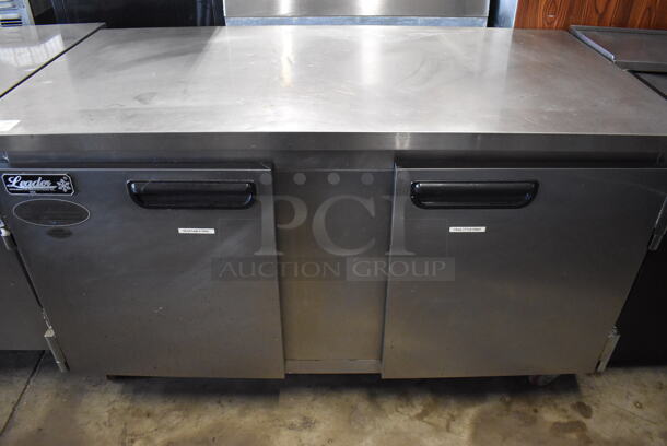 2017 Leader ESLB60 S/C Stainless Steel Commercial 2 Door Undercounter Cooler on Commercial Casters. 115 Volts, 1 Phase. 60x32x36. Tested and Powers On But Does Not Get Cold - Image 1 of 7