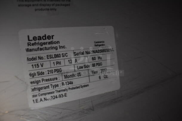2017 Leader ESLB60 S/C Stainless Steel Commercial 2 Door Undercounter Cooler on Commercial Casters. 115 Volts, 1 Phase. 60x32x36. Tested and Powers On But Does Not Get Cold - Image 5 of 7