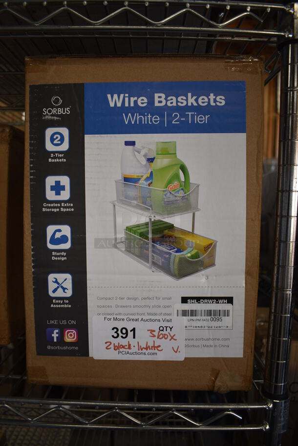 3 BRAND NEW SCRATCH AND DENT! Sorbus Wire Baskets; 1 White and 2 Black. 3 Times Your Bid!