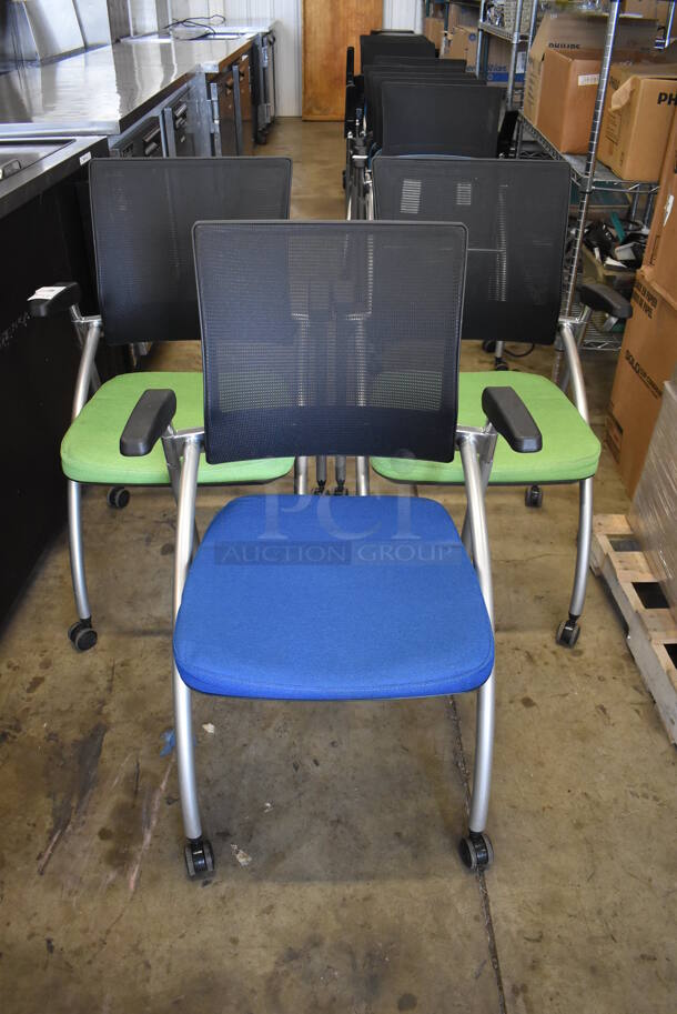 3 Foldable Chairs w/ Arm Rests on Casters. 2 Green and 1 Blue. Stock Picture - Cosmetic Condition May Vary. 24x23x36. 3 Times Your Bid! - Image 2 of 6
