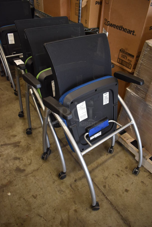 3 Foldable Chairs w/ Arm Rests on Casters. 2 Green and 1 Blue. Stock Picture - Cosmetic Condition May Vary. 24x23x36. 3 Times Your Bid! - Image 6 of 6