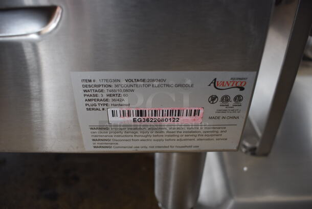 LIKE NEW! Avantco 177EG36N Stainless Steel Commercial Countertop Electric Powered Flat Top Griddle w/ Thermostatic Controls. 208/240 Volts, 3 Phase. Unit Has Only Been Used a Few Times! 36x20x13.5. Tested and Working! - Image 7 of 7