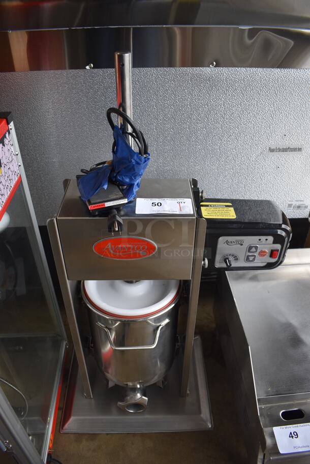LIKE NEW! Avantco 20 lb. Stainless Steel Commercial Countertop Vertical Hybrid Electric/Manual Sausage Stuffer. 120 Volts, 1 Phase. 19.5x12.5x34. Tested and Working! - Image 1 of 8