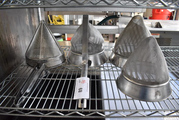 4 Various Metal Strainers; 3 Chinois and 1 China Cap. Includes 10x10x9, 19x8.5x9. 4 Times Your Bid!
