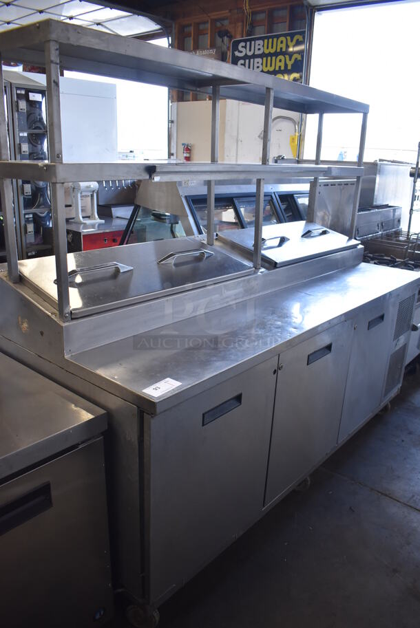 Randell 8383N Stainless Steel Commercial Prep Table w/ Drop In Bins and 2 Over Shelves on Commercial Casters. 115 Volts, 1 Phase. 83x33x73. Tested and Working!