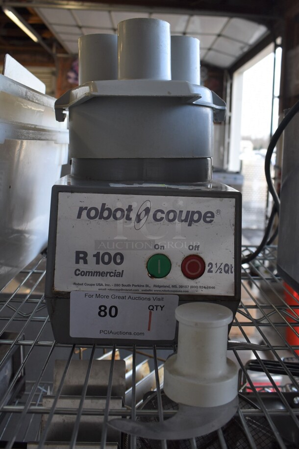 Robot Coupe R 100 Metal Commercial Countertop Food Processor w/ Poly Continuous Feed Head and S Blade. 120 Volts, 1 Phase. 7.5x12.5x13. Tested and Working!