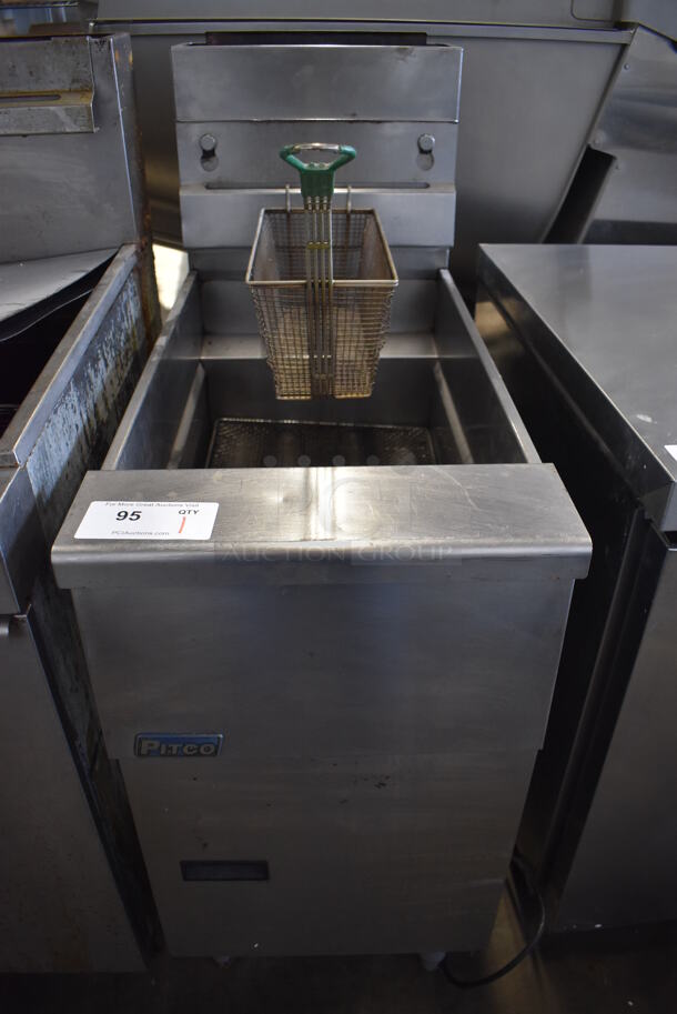 2016 Pitco Frialator SG14 Stainless Steel Commercial Floor Style Natural Gas Powered Deep Fat Fryer w/ 1 Metal Fry Basket. 110,000 BTU. 16x34x45.5