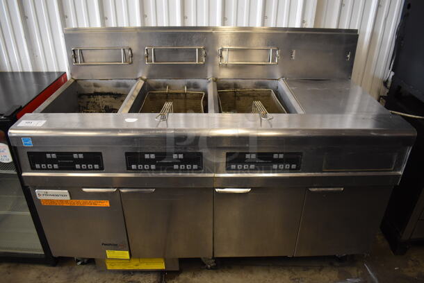 2019 Frymaster FMPH355SC Stainless Steel Commercial Natural Gas Powered 3 Bay Deep Fat Fryer w/ Filtration System, 2 Metal Fry Baskets and Right Side Dumping Station on Commercial Casters. 80,000 BTU. 63x30x47