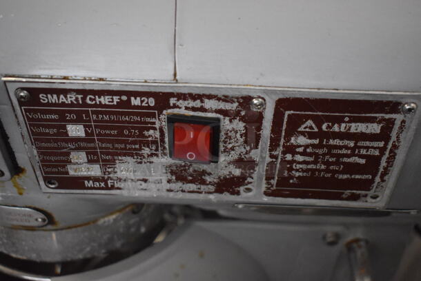 Smart Chef M20 Metal Commercial 20 Quart Planetary Dough Mixer w/ Mixing Bowl, Bowl Guard, Whisk, Dough Hook and Paddle Attachments. 110 Volts, 1 Phase. 15x20x31. Tested and Powers On But Parts Do Not Move - Image 3 of 6