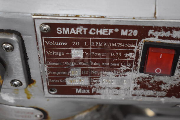 Smart Chef M20 Metal Commercial 20 Quart Planetary Dough Mixer w/ Mixing Bowl, Bowl Guard, Whisk, Dough Hook and Paddle Attachments. 110 Volts, 1 Phase. 15x20x31. Tested and Powers On But Parts Do Not Move - Image 4 of 6