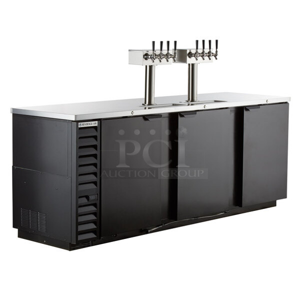 BRAND NEW SCRATCH AND DENT! Beverage Air DD94HC-1-B-144 Stainless Steel Commercial Direct Draw Kegerator w/ 2 Beer Towers. Stock Picture Used As Gallery. 115 Volts, 1 Phase. 95x28.5x37.5. Tested and Working! - Image 1 of 11