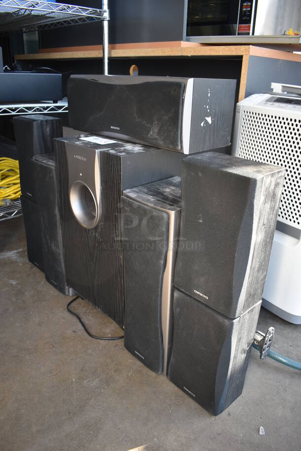 Onkyo SKW-550 Subwoofer w/ Onkyo HT-R550 AV Receiver, SKB-550, 2 SKM-550S, SKC-550C and 2 SKF-550F Speakers. 6.5x8x17, 17x6.5x8, 11x16x19, 6x4x10.5 - Image 2 of 11