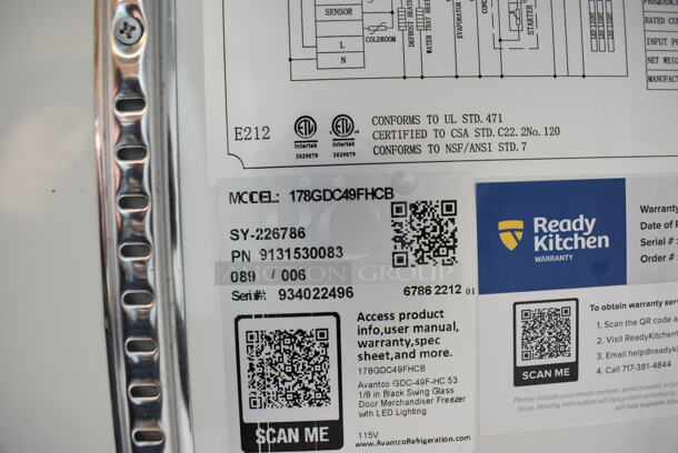 BRAND NEW SCRATCH AND DENT! Avantco 178GDC49FHCB Metal Commercial 2 Door Reach Freezer Merchandiser w/ LED Lighting and Poly Coated Racks on Commercial Casters. 115 Volts, 1 Phase. 53x32x84. Tested and Working! - Image 5 of 8