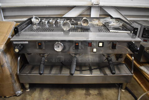 La Marzocco Linea 3EE Stainless Steel Commercial Countertop 3 Group Espresso Machine w/ 5 Portafilters and 2 Steam Wands. 208/240 Volts, 1 Phase. 37x23x21