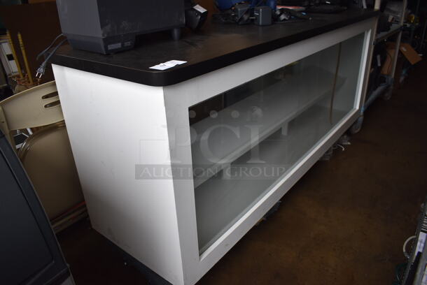 Custom Crafted White and Black POS Counter w/ Glass Front, sliding glass doors and Phillip Hue strip lights. 86x26x40