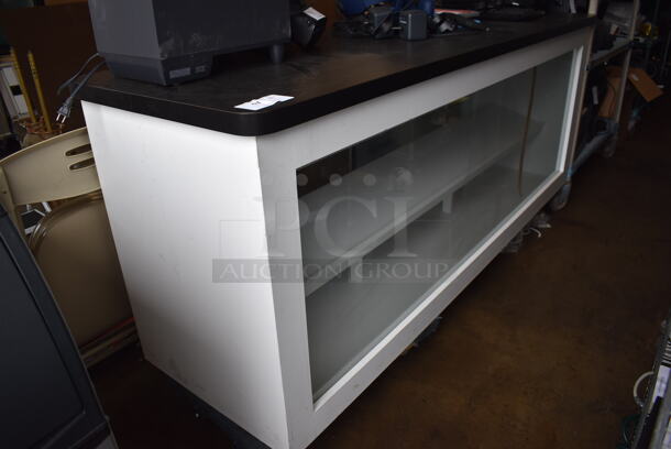 Custom Crafted White and Black POS Counter w/ Glass Front, sliding glass doors and Phillip Hue strip lights. 86x26x40 - Image 1 of 7