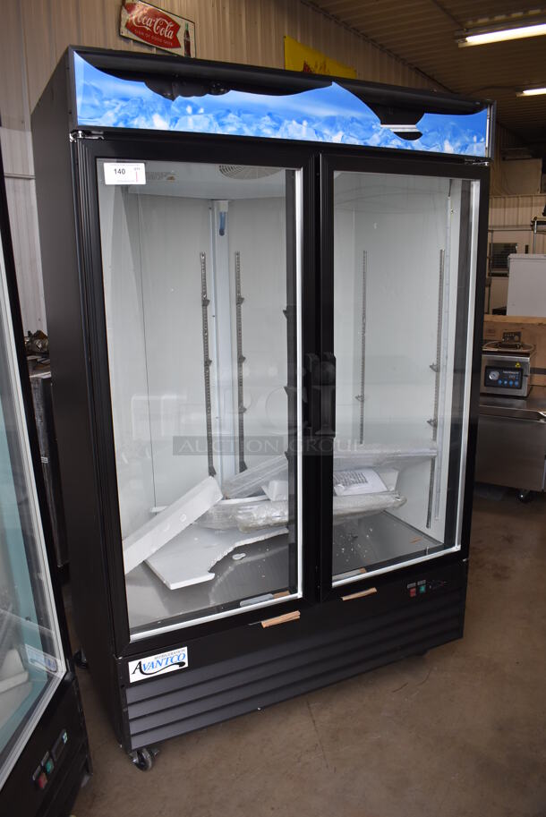 BRAND NEW SCRATCH AND DENT! Avantco 178GDC49HCB Metal Commercial 2 Door Reach Cooler Merchandiser w/ LED Lighting and Poly Coated Racks on Commercial Casters. 115 Volts, 1 Phase. 53x32x84. Tested and Working! - Image 1 of 7