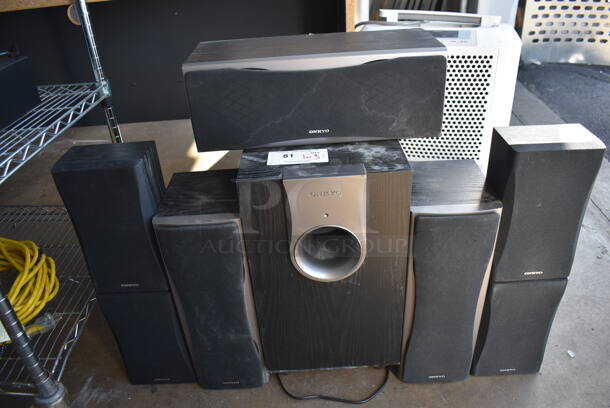 Onkyo SKW-550 Subwoofer w/ Onkyo HT-R550 AV Receiver, SKB-550, 2 SKM-550S, SKC-550C and 2 SKF-550F Speakers. 6.5x8x17, 17x6.5x8, 11x16x19, 6x4x10.5 - Image 10 of 11