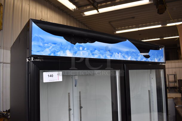 BRAND NEW SCRATCH AND DENT! Avantco 178GDC49HCB Metal Commercial 2 Door Reach Cooler Merchandiser w/ LED Lighting and Poly Coated Racks on Commercial Casters. 115 Volts, 1 Phase. 53x32x84. Tested and Working! - Image 2 of 7