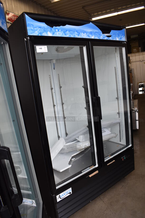 BRAND NEW SCRATCH AND DENT! Avantco 178GDC49HCB Metal Commercial 2 Door Reach Cooler Merchandiser w/ LED Lighting and Poly Coated Racks on Commercial Casters. 115 Volts, 1 Phase. 53x32x84. Tested and Working! - Image 3 of 7