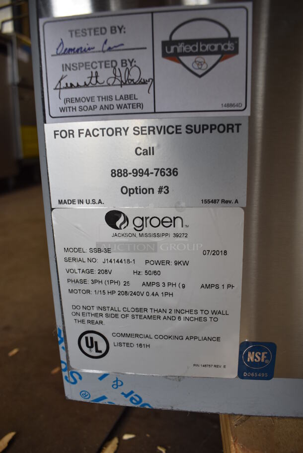 BRAND NEW SCRATCH AND DENT! 2018 Groen SSB-3E Stainless Steel Commercial Countertop Electric Powered Single Compartment Steam Cabinet. 208 Volts, 3 Phase. 22x29x21.5 - Image 6 of 7