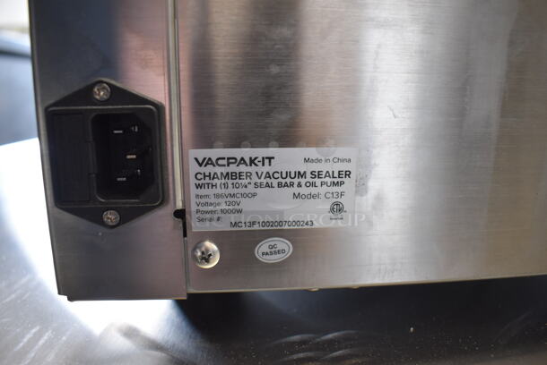 BRAND NEW SCRATCH AND DENT! VacPak-It 186VMC10OP Stainless Steel Commercial Countertop Chamber Vacuum Packaging Machine with 10 1/4" Seal Bar and Oil Pump. 120 Volts, 1 Phase. 13x19x15. Tested and Powers On But Does Not Seal - Image 8 of 9