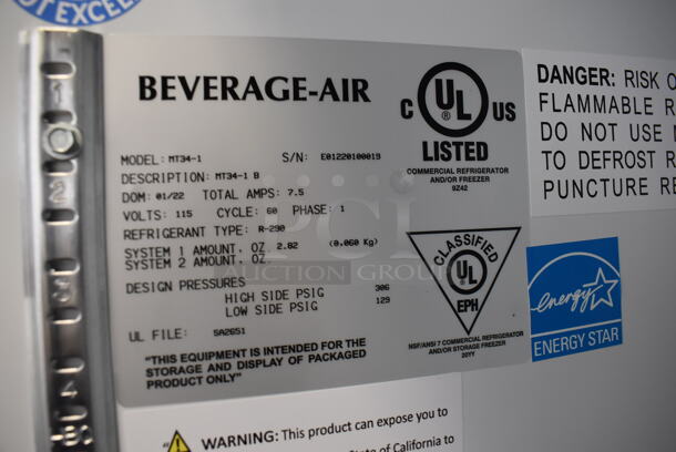 BRAND NEW SCRATCH AND DENT! Beverage Air MT34-1 ENERGY STAR Metal Commercial 2 Door Reach In Cooler Merchandiser w/ LED Lighting and Poly Coated Racks. 115 Volts, 1 Phase. 39x26x79. Tested and Working! - Image 3 of 7