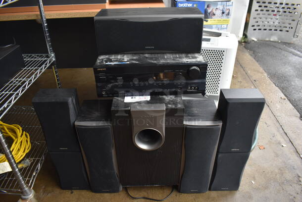 Onkyo SKW-550 Subwoofer w/ Onkyo HT-R550 AV Receiver, SKB-550, 2 SKM-550S, SKC-550C and 2 SKF-550F Speakers. 6.5x8x17, 17x6.5x8, 11x16x19, 6x4x10.5 - Image 1 of 11