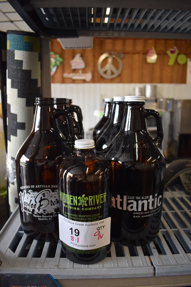 9 Various Brown Glass Bottles; 8 64oz Growlers; 1 32oz Growler. Includes 5x5x11. 9 Times Your Bid!