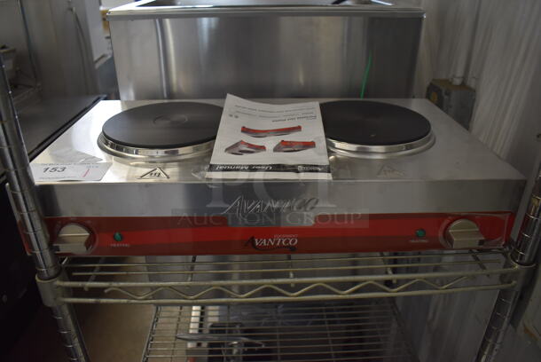 BRAND NEW IN BOX! Avantco 177EB202SBSA Stainless Steel Commercial Countertop Electric Powered Double Burner Solid Top Portable Hot Plate. 120 Volts, 1 Phase. 24x13x9. Tested and Working! - Image 1 of 5