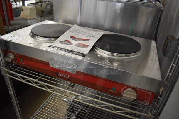 BRAND NEW IN BOX! Avantco 177EB202SBSA Stainless Steel Commercial Countertop Electric Powered Double Burner Solid Top Portable Hot Plate. 120 Volts, 1 Phase. 24x13x9. Tested and Working! - Image 3 of 5