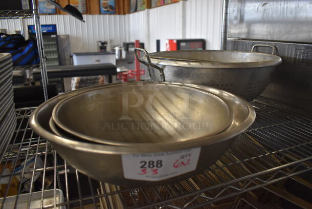 6 Various Metal Items; 3 Bowls and 3 Colanders. Includes 16x16x4.5. 6 Times Your Bid!