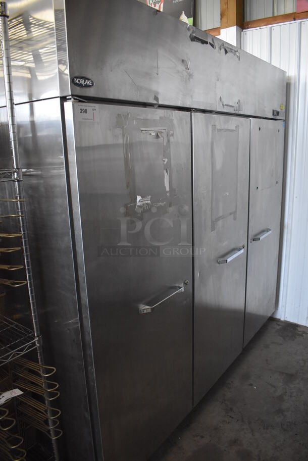 Norlake ENERGY STAR Stainless Steel Commercial 3 Door Reach In Freezer w/ Poly Coated Racks on Commercial Casters. 115/208-230 Volts, 1 Phase. 83x35x82