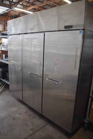 Norlake ENERGY STAR Stainless Steel Commercial 3 Door Reach In Cooler w/ Poly Coated Racks on Commercial Casters. 115/208-230 Volts, 1 Phase. 83x35x82