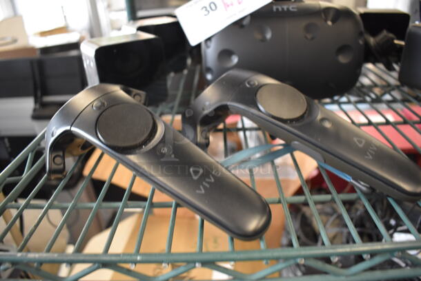 HTC VR Headset w/ 2 HTC Controllers,  2 HTC 2PR8100 Vive Base Stations and 2 Base Station Chargers. 9x12x6, 4.5x5x9, 3.5x2.5x3.5 - Image 3 of 8