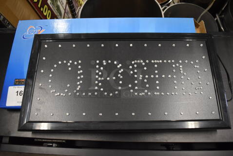 IN ORIGINAL BOX! Metal Open Closed Light Up Sign. 20x1x10. Tested and Does Not Power On