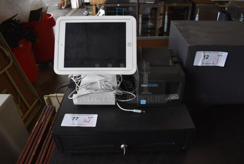 9.5" iPad 32GB Wi-Fi Silver Tablet with Square Stand Kit for iPad w/ Star Micronics TSP100 Receipt Printer and Metal Cash Drawer w/ Key. 6x8x6, 16.5x16x4