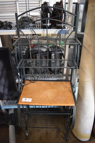 Black Metal Counter w/ Brown Countertop and 2 Wire Under Shelves and Over Shelves. 25x19x70
