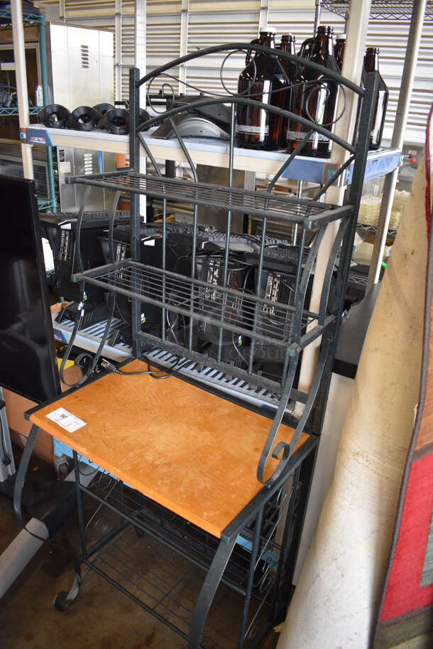 Black Metal Counter w/ Brown Countertop and 2 Wire Under Shelves and Over Shelves. 25x19x70 - Image 4 of 5