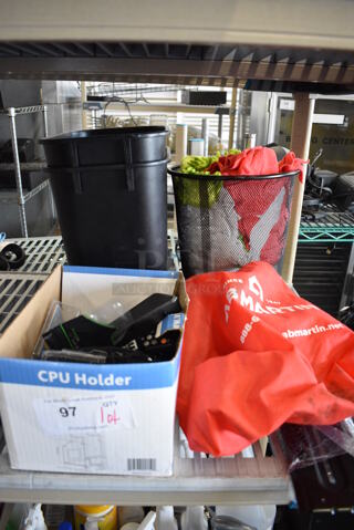 ALL ONE MONEY! Lot of Various Items Including Black Metal Mesh Waste Basket and Black Poly Trash Cans.