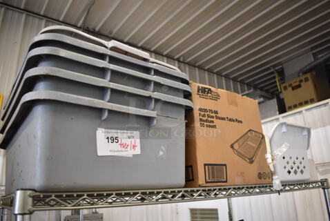 ALL ONE MONEY! Tier Lot of Various Items Including Gray Poly Bus Bins and Power Strips