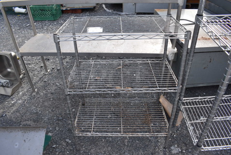 Chrome Finish 3 Tier Wire Shelving Unit. BUYER MUST DISMANTLE. PCI CANNOT DISMANTLE FOR SHIPPING. PLEASE CONSIDER FREIGHT CHARGES. 23.5x13.5x30
