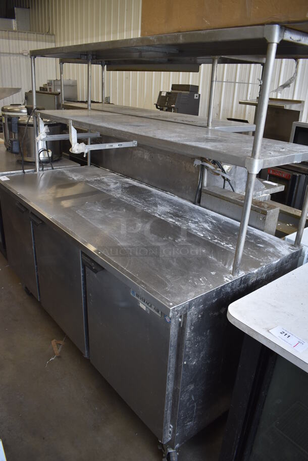 Beverage Air UCR72AY Stainless Steel Commercial Prep Table w/ 2 Tier Over Shelf on Commercial Casters. 115 Volts, 1 Phase. 72x31x68. Tested and Working!