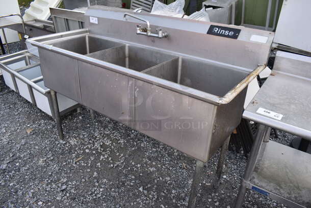 Stainless Steel Commercial 3 Bay Sink w/ Faucet and Handles. 65x26x45. Bays 20x20x13