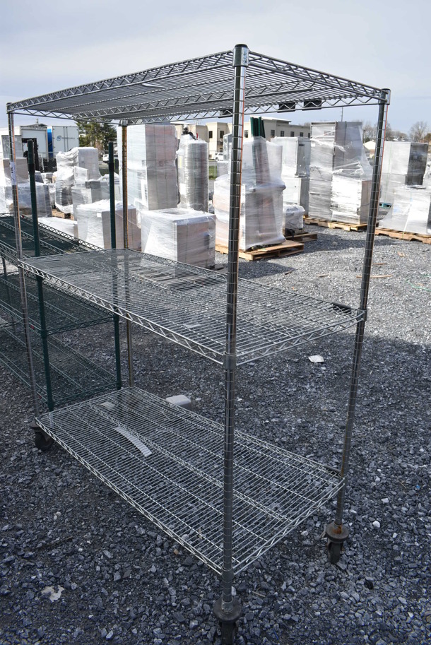 Chrome Finish 3 Tier Wire Shelving Unit on Commercial Casters. BUYER MUST DISMANTLE. PCI CANNOT DISMANTLE FOR SHIPPING. PLEASE CONSIDER FREIGHT CHARGES. 60x24x68 - Image 1 of 4