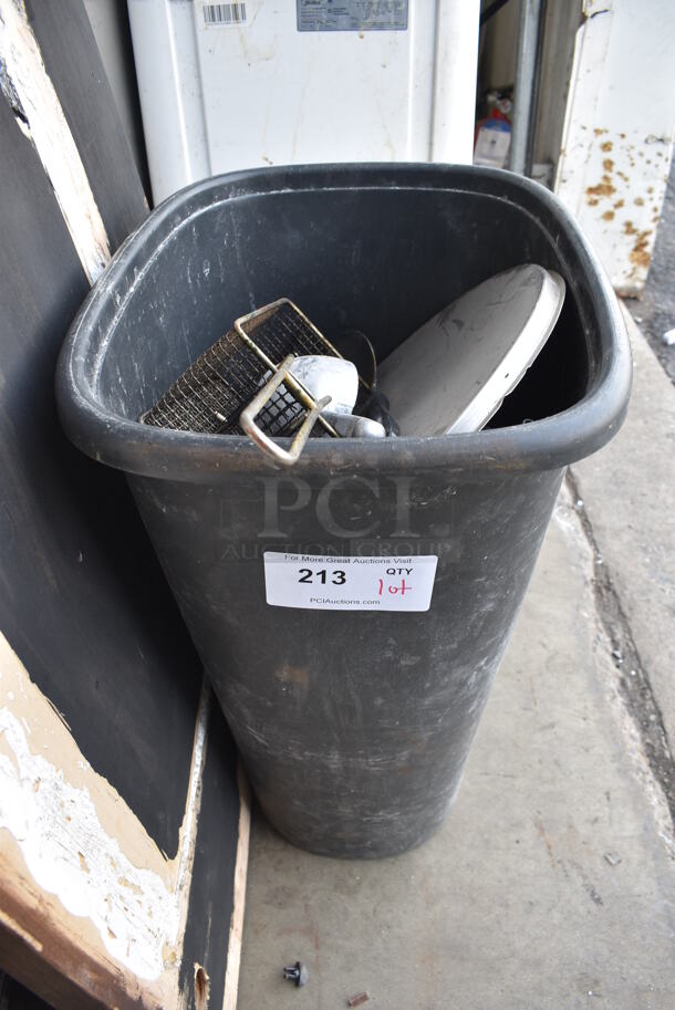 Black Poly Trash Can w/ Contents Including Metal Fry Basket - Image 1 of 4