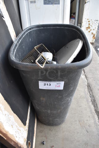 Black Poly Trash Can w/ Contents Including Metal Fry Basket